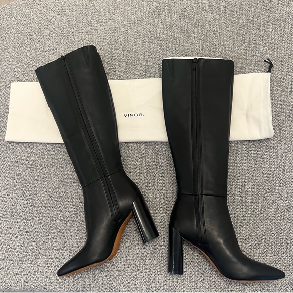 Vince Pilar Black Leather Knee Tall Boot Zip Block Stacked Heel 5.5M 35.5M - Picture 4 of 10